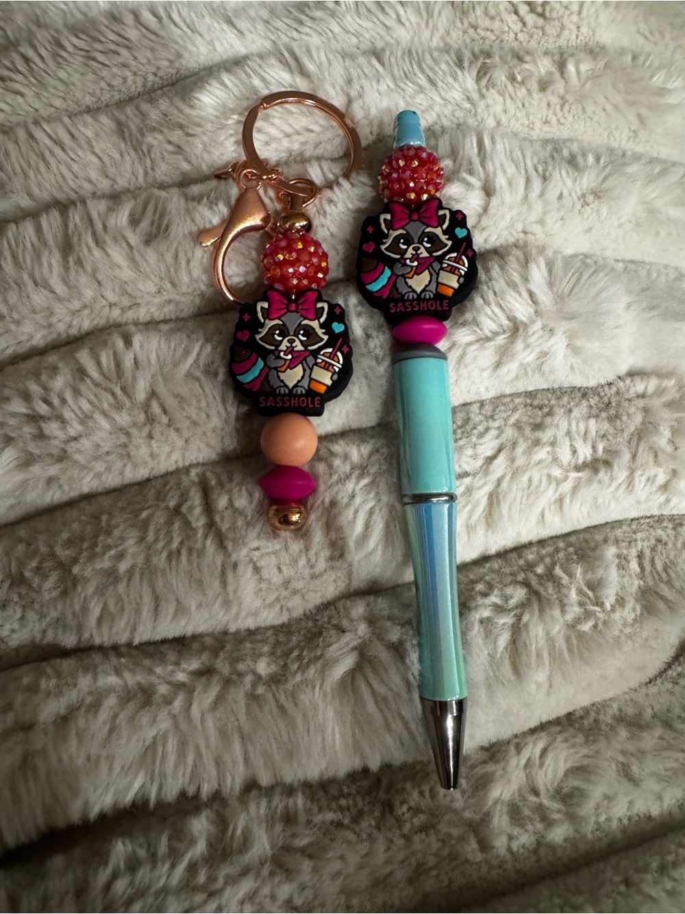 Sasshole Raccoon Beaded Aqua Ballpoint Pen & Keychain Set